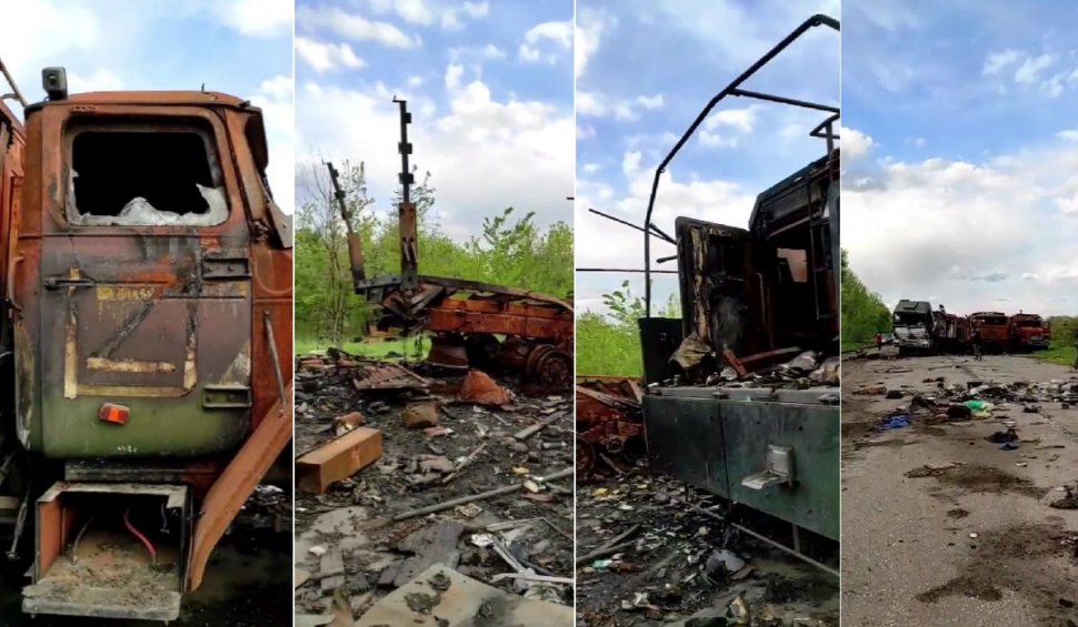Imagini în premieră cu un convoi rusesc distrus lângă Harkov încă din prima zi a invaziei 