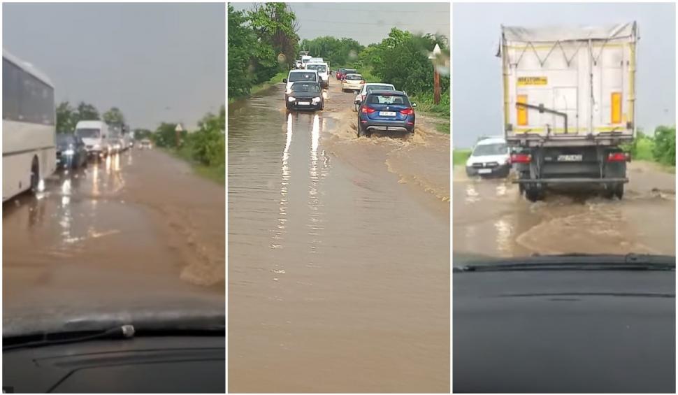 Rupere de nori pe DN 72, la Ploieşti. Maşinile circulă greu, în coloană, pe drumurile inundate 773574