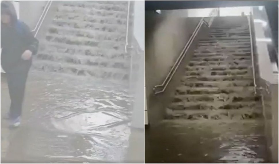 Staţia de metrou Valea Ialomiţei, transformată în "cascadă", după furtuna din Capitală