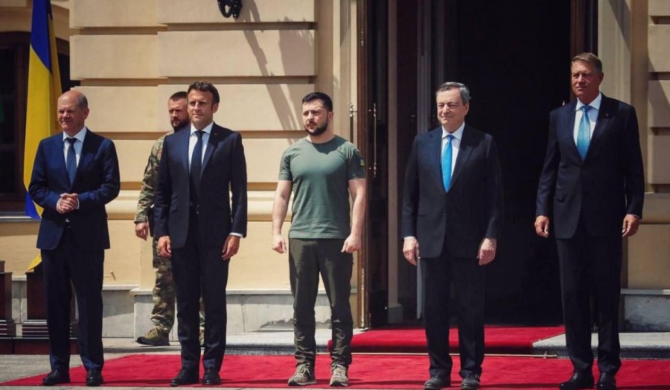 Iohannis, Draghi, Scholz și Macron, poză de grup cu Zelenski, înainte de discuțiile oficiale | Ce rol are România în discuțiile de la Kiev