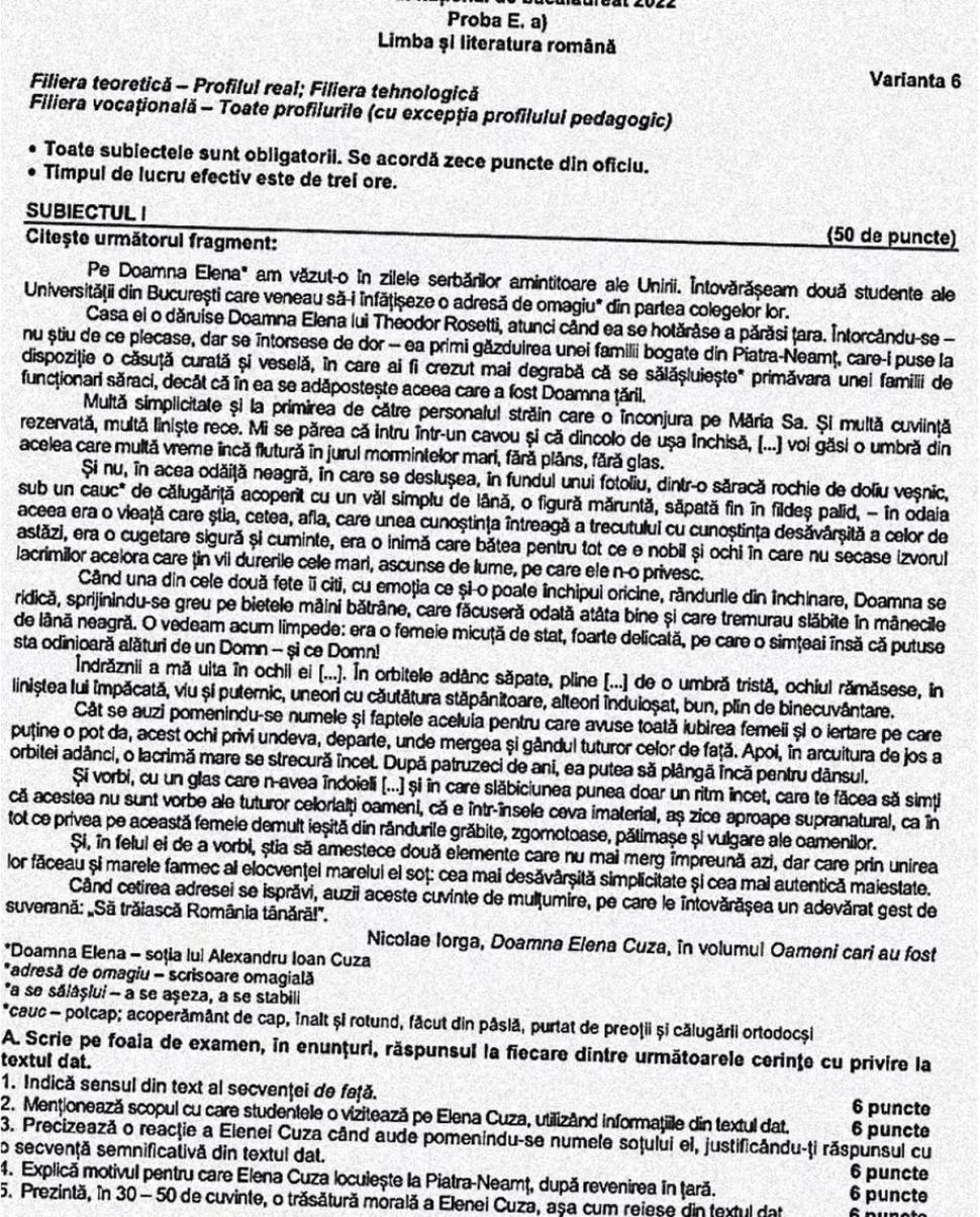 Bacalaureat 2022: Baremul la română, publicat. Elevii află cum se notează subiectele 774741