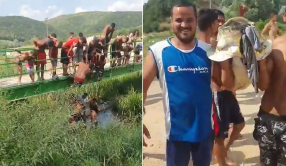 Zeci de oameni s-au adunat pe malul râului Bârzava, după ce trei tineri au prins cu mâinile goale un "monstru" de câteva zeci de kilograme