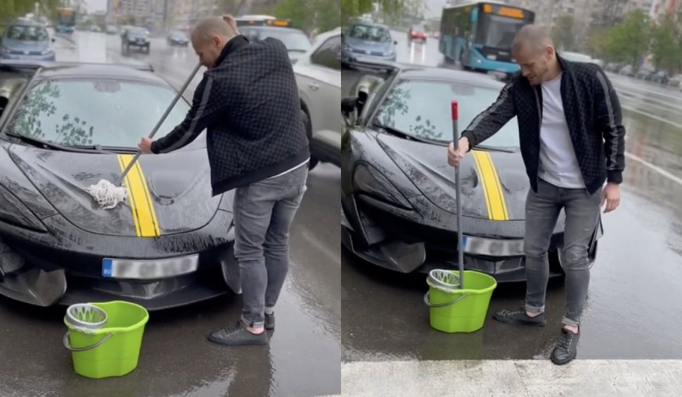 Tânăr care își șterge bolidul McLaren cu mopul, după ploaie, în București, viral pe internet: "Asta se întâmplă dacă nu scoți apa"