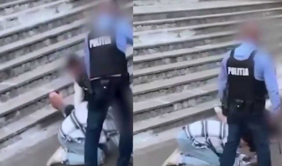 Poliţist filmat când lovea în cap un tânăr îngenuncheat, în gara din Băile Tușnad. Şefii săi au deschis o anchetă