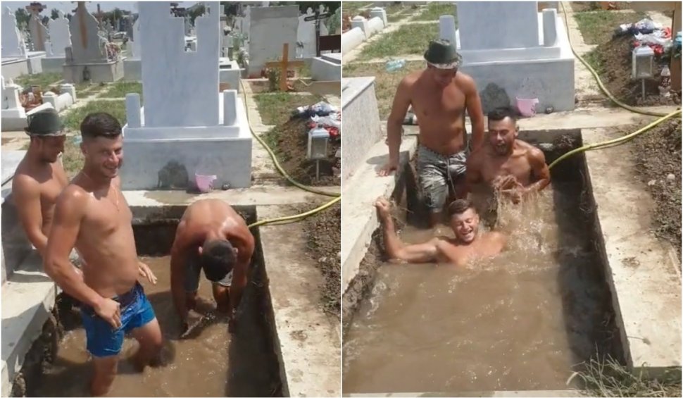Trei gropari și-au făcut piscină într-un mormânt, în cimitir