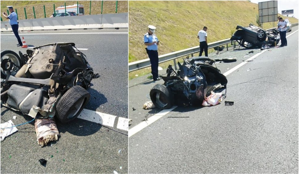 Carambol pe Autostrada Soarelui! Un șofer a zburat peste parapet și a lovit, în cădere, alte 2 mașini de pe sensul opus