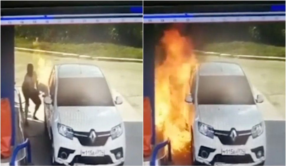 Mașină cuprinsă de flăcări la benzinărie | Șoferul rus fuma în timp ce făcea plinul autoturismului