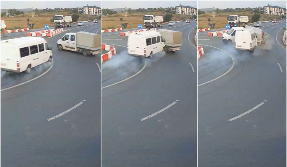 Momentul în care un microbuz se ciocneşte cu o camionetă într-un sens giratoriu, în Iaşi: 13 victime