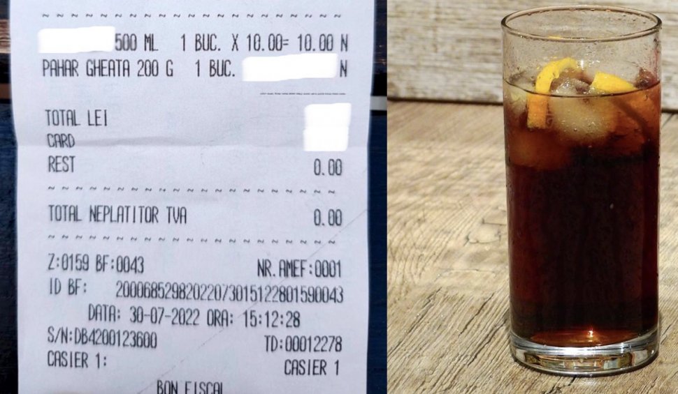 Un turist din Mamaia a fost taxat, pe nota de plată, pentru gheața din pahar. A plătit cu 30% în plus pentru băutura comandată