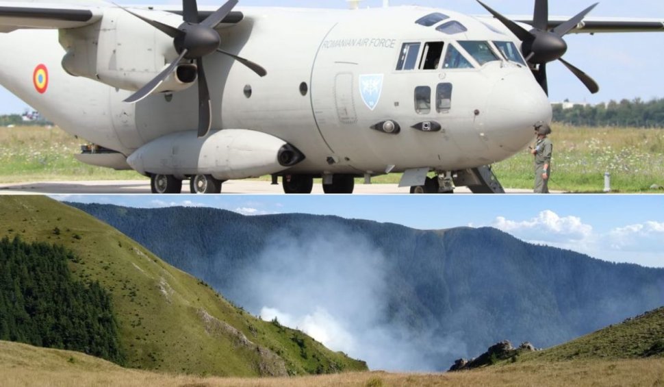 Un avion militar C-27J Spartan intervine pentru a stinge incendiul de pădure izbucnit pe Muntele Zănoaga Câinenilor, în Vâlcea