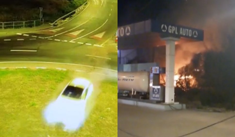 Momentul în care un șofer trece peste un sens giratoriu și intră într-o stație GPL, apoi mașina ia foc, în Ovidiu, Constanța