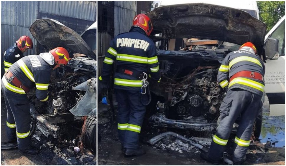 Autoutilitară făcută scrum într-un incendiu produs într-un atelier auto din Focșani