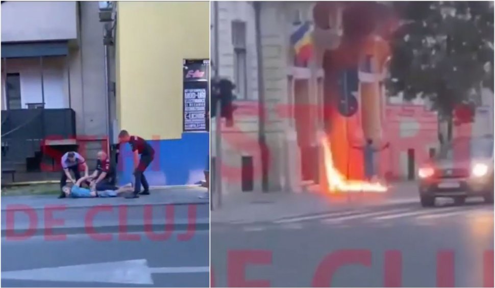 Bărbatul care a incendiat primăria lui Emil Boc a fost prins | Polițiștii l-au imobilizat pe asfalt