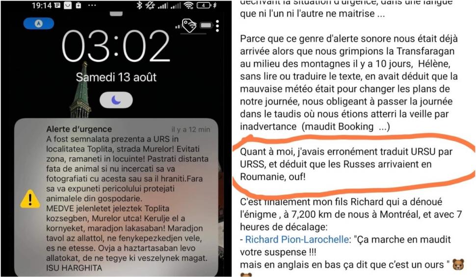 Doi turiști canadieni credeau că România a fost invadată de Rusia după ce au primit mesaj Ro-Alert privind prezența unui urs în apropiere 787070