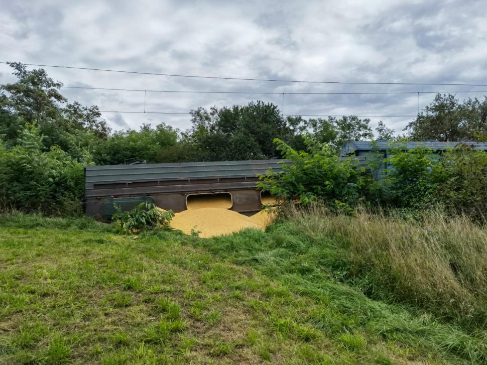 Două vagoane dintr-un tren cu cereale din Ucraina au deraiat și s-au răsturnat în Mureş. Anunţul CFR 789335