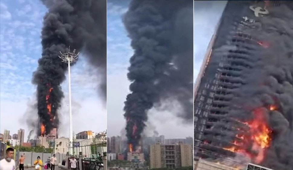 Un incendiu uriaș a mistuit o clădire cu zeci de etaje, în China