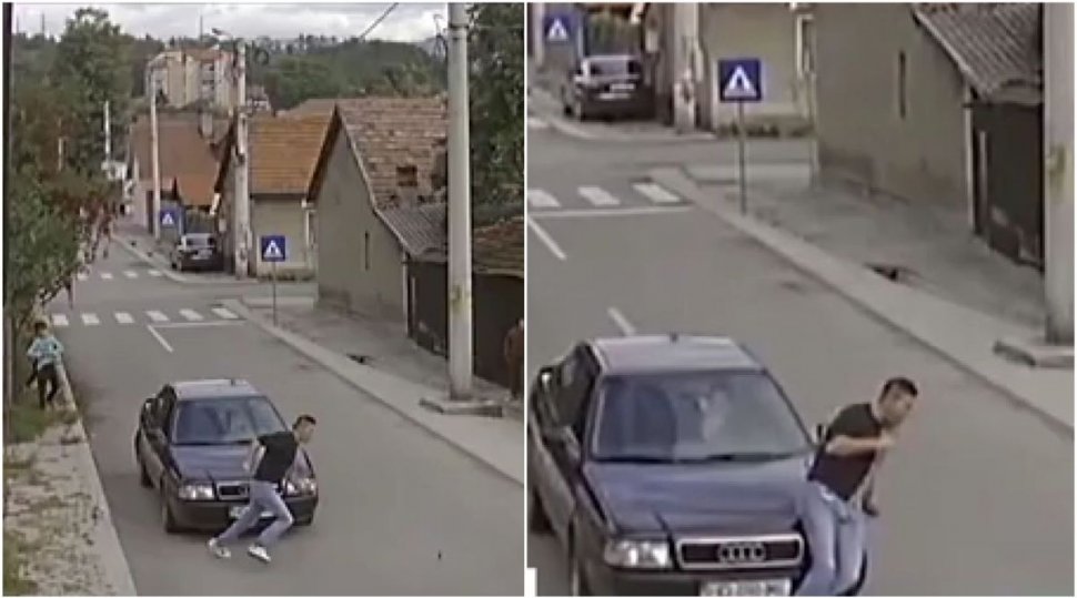 Momentul în care un bărbat este spulberat intenționat cu mașina pe o stradă din Petroşani