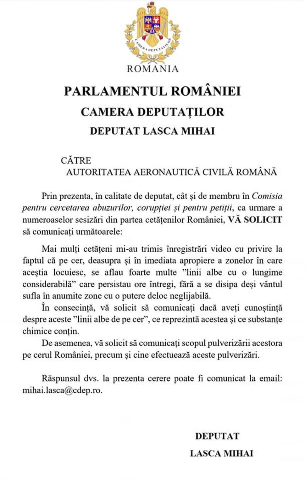 Ce sunt liniile albe de pe cer şi cine "le pulverizează"? Autoritatea Aeronautică, răspuns oficial pentru un deputat român 798312