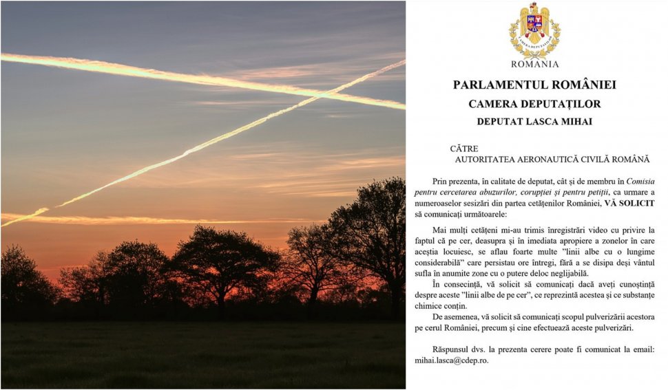 Ce sunt liniile albe de pe cer şi cine "le pulverizează"? Autoritatea Aeronautică, răspuns oficial pentru un deputat român