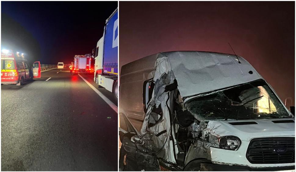 Accident pe A1 între un microbuz și un TIR. Șapte persoane au fost rănite