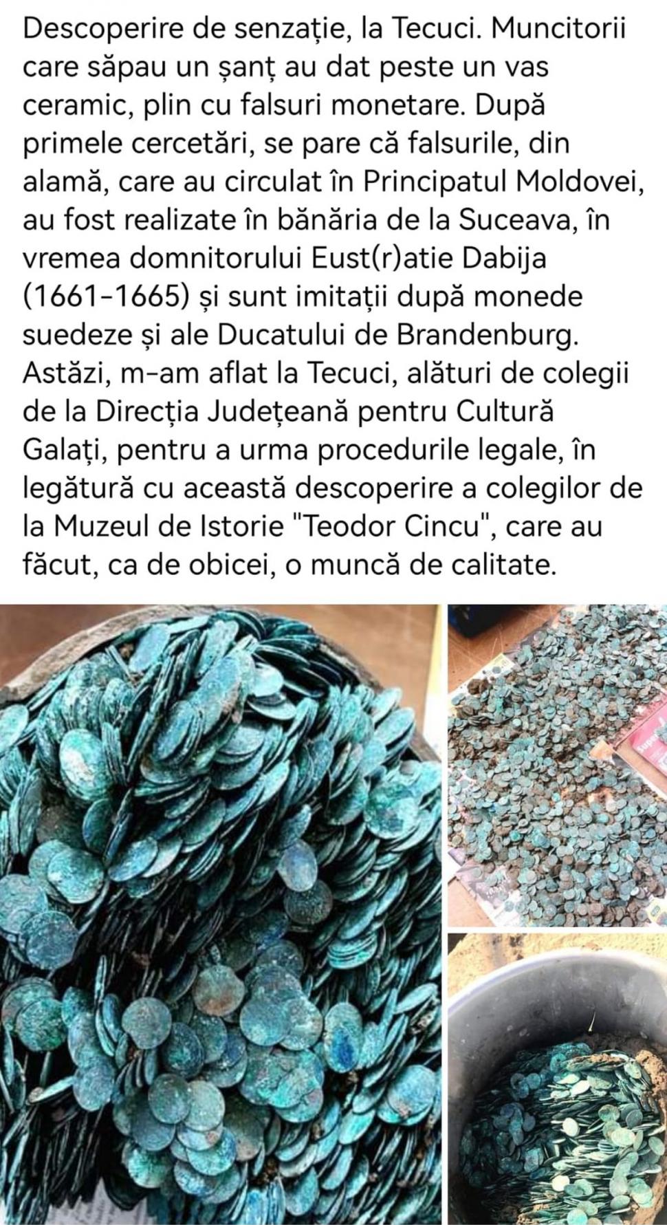 Bani falşi ascunşi într-un vas ceramic, găsiţi de muncitorii care săpau un şanţ în Tecuci 799316