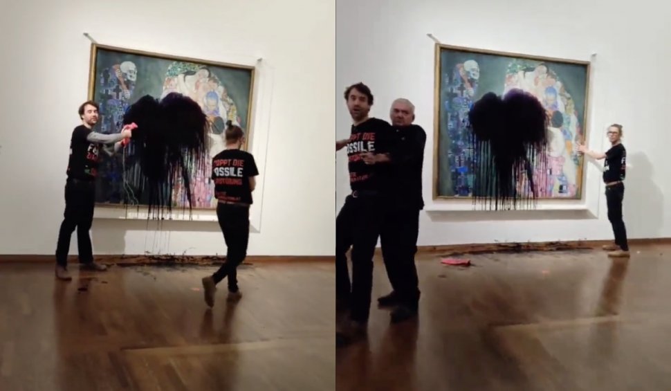 Momentul în care un activist de mediu stropește cu un lichid negru un tablou de Gustav Klimt, într-un muzeu din Viena