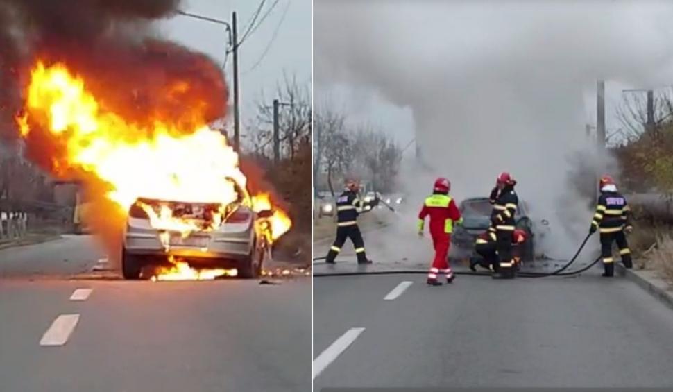 Mașină distrusă complet, după ce a luat foc în mers, pe un bulevard din Craiova