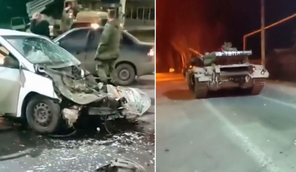 Accident între un taxi şi un tanc pe o stradă din Doneţk: "Urmărire de 5 stele în GTA"