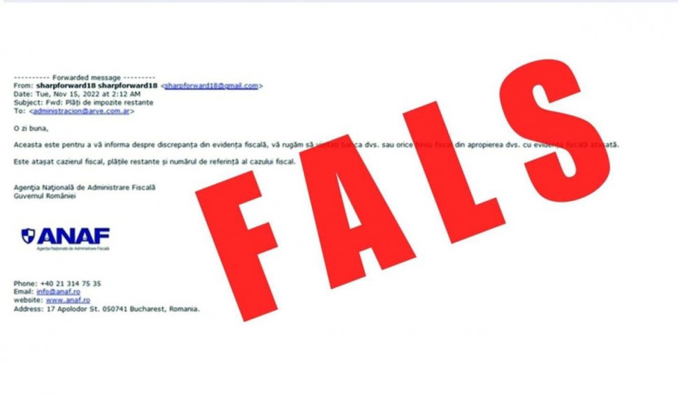 Mesaje false trimise în numele ANAF: "Nu deschideţi aceste emailuri şi nu accesaţi documentele anexate"