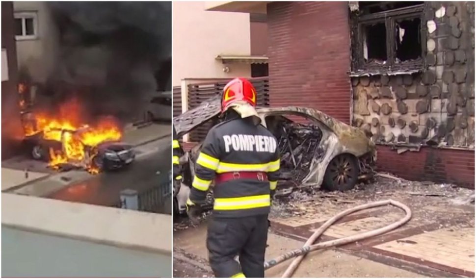 Incendiu puternic în Cartierul Francez din București. Mașina de lux s-a reaprins | Pomperii intervin din nou