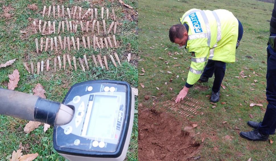 Zeci de cartușe din Al Doilea Război Mondial, găsite de un căutător de comori, lângă un teren de fotbal, în Sălaj 801376