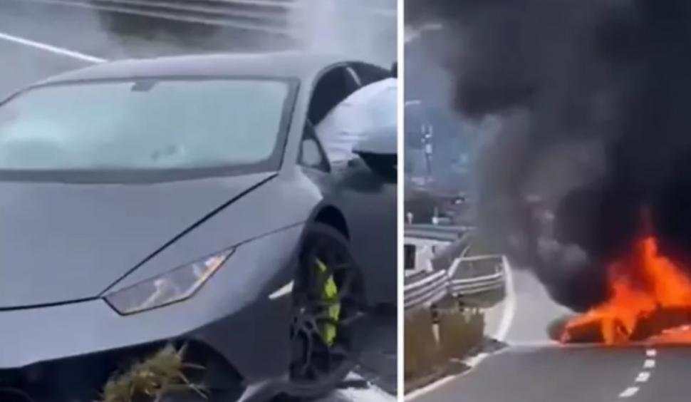 Un tânăr a închiriat un Lamborghini și s-a filmat conducând cu peste 300 de km/h, apoi a făcut accident și mașina a ars pe autostradă