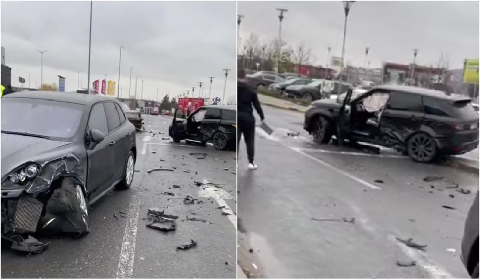 Mașini de lux, făcute praf într-un accident produs în parcarea unui mall din București