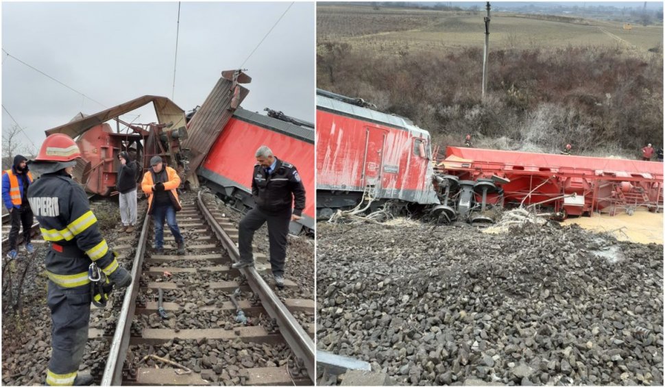 Două trenuri care transportau cereale s-au ciocnit în Vrancea. Polițiștii intervin la fața locului
