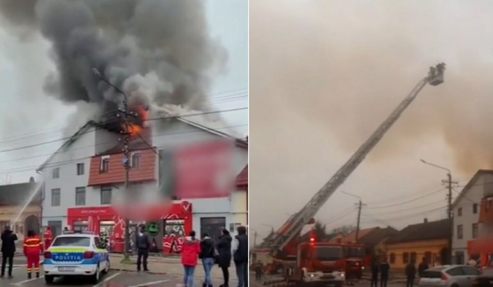 Incendiu la un supermarket din Caransebeș. La etajul clădirii se află spații locuite