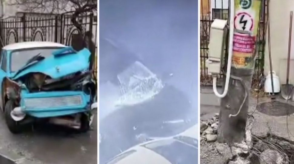 Un bărbat drogat şi fără permis a doborât un stâlp şi a distrus o maşină, pe o şosea din Craiova