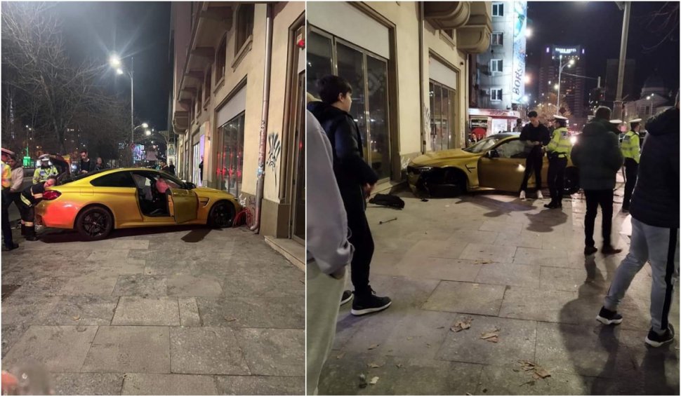 Șofer cu BMW, la un pas să lovească un polițist și o femeie de pe trotuar. A pierdut controlul mașinii și s-a oprit într-o clădire din București