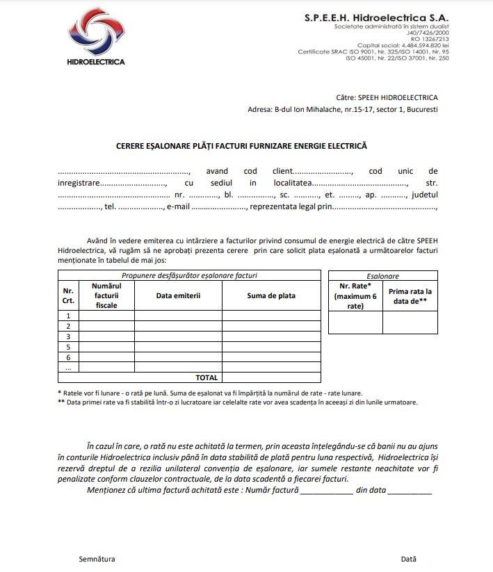 Model de cerere pentru plata în rate a facturilor Hidroelectrica. A început să vină nota de plată din aprilie 2022 812423