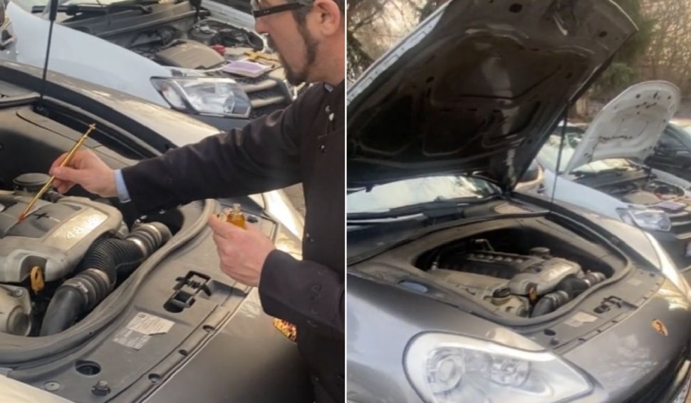 Preot filmat când sfinţeşte un Porsche de zeci de mii de euro şi dă cu mir pe motorul V8