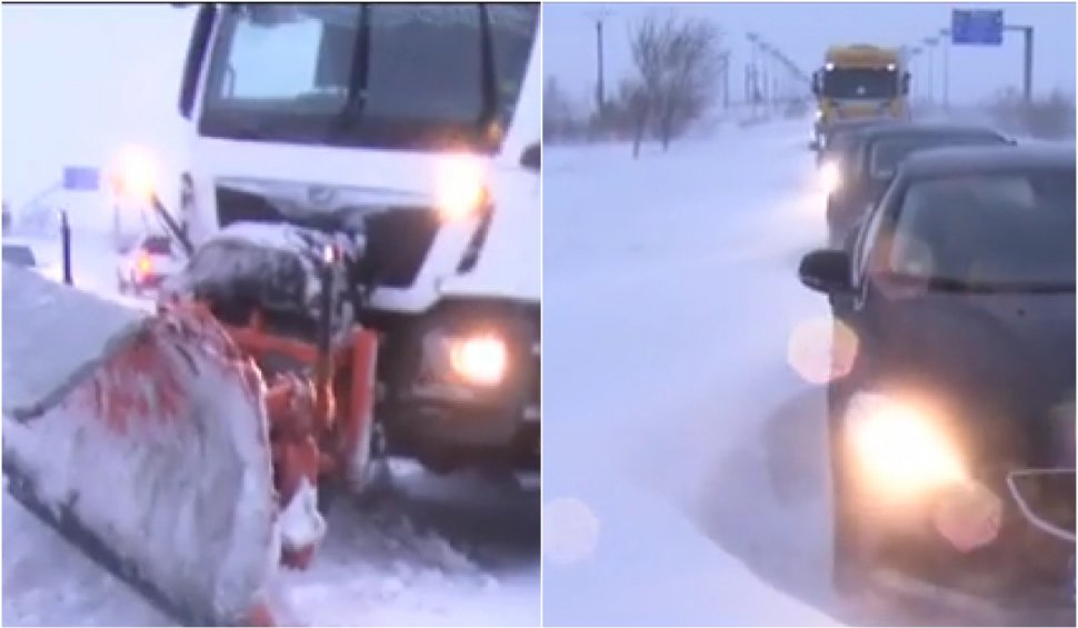 România înzăpezită | Mașini și utilaje de deszăpezire blocate de viscol pe drum. Autoritățile au intervenit cu excavatoarele și șenilata