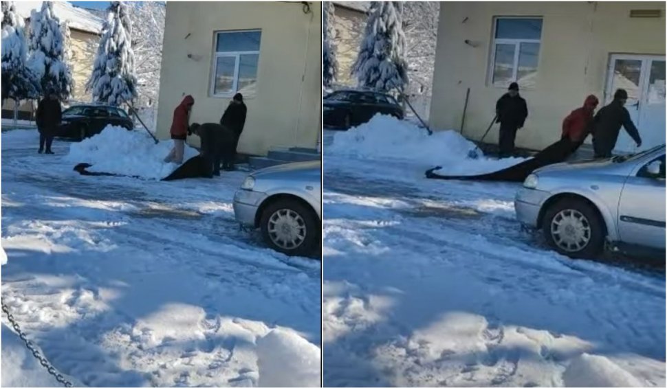 Patru angajaţi ai unei primării din Gorj au deszăpezit instituţia cu o pătură | Imagini virale