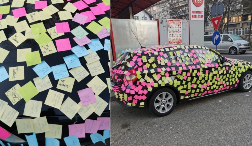 "Nu o să mai beau. Apă". Un bărbat din Târgu Jiu a lipit sute de bileţele pe maşina iubitei pentru a-şi cere iertare de Ziua Îndrăgostiţilor