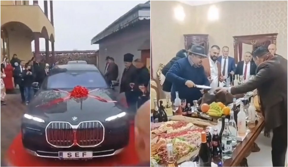 Achiziţia unui BMW cu "ŞEF" la număr, sărbătorită cu covor roşu, manele şi mese întinse, în Neamţ