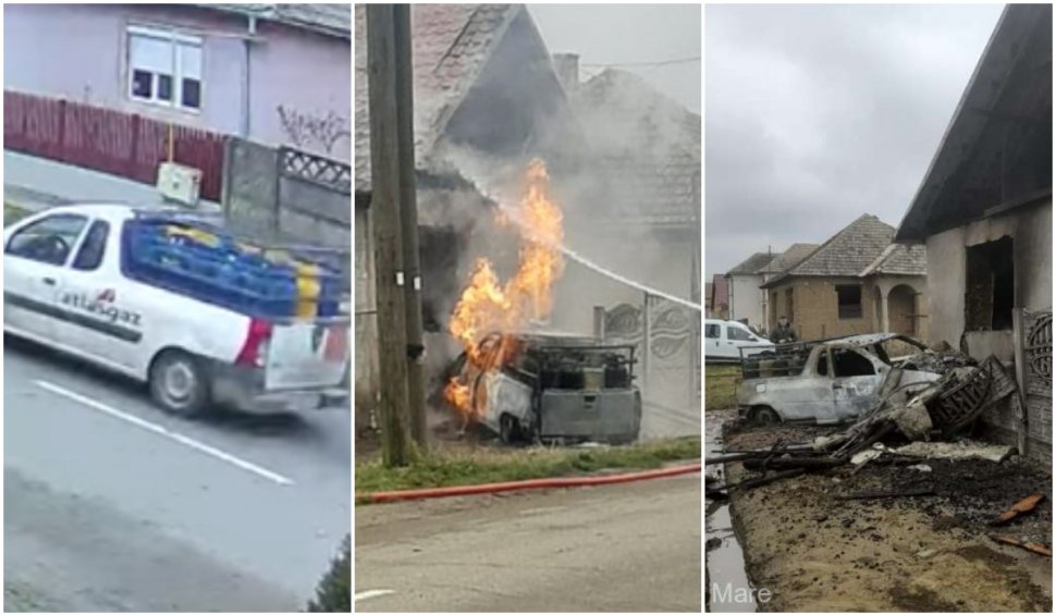 Momentul în care 14 butelii cu gaz explodează după ce o autoutilitară se izbeşte de o casă, în Satu Mare 