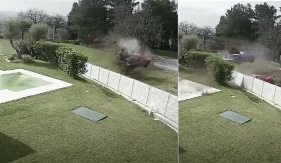 Momentul în care două mașini Ferrari se izbesc violent de gardul unui vile, la un interval de câteva secunde, în Italia