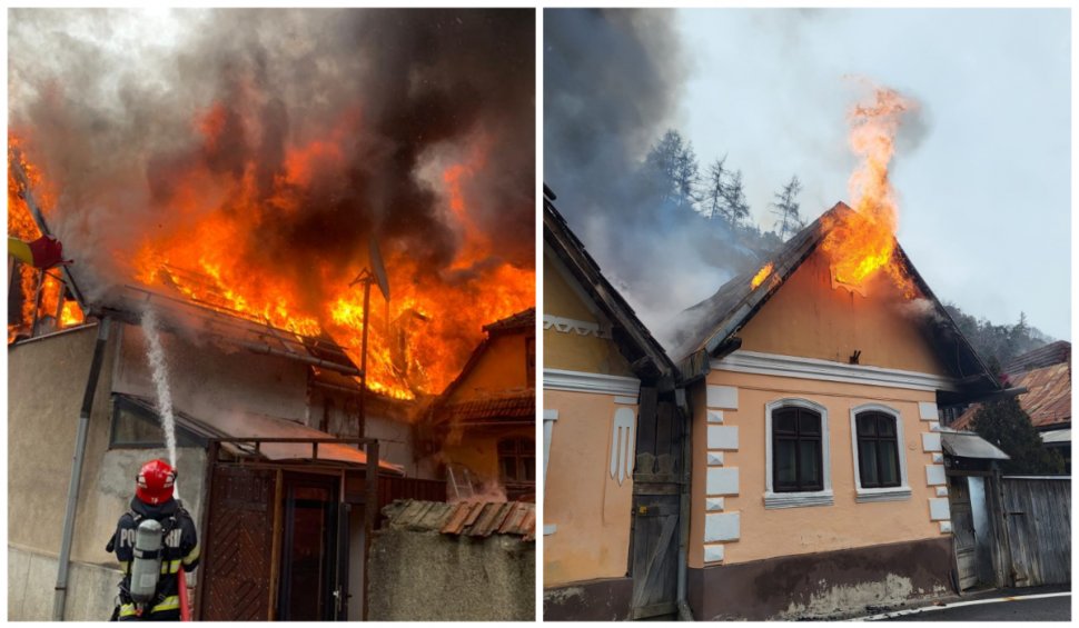 Incendiu puternic în Braşov. O casă a fost mistuită de flăcări, iar proprietarul a fost mușcat de câinele panicat