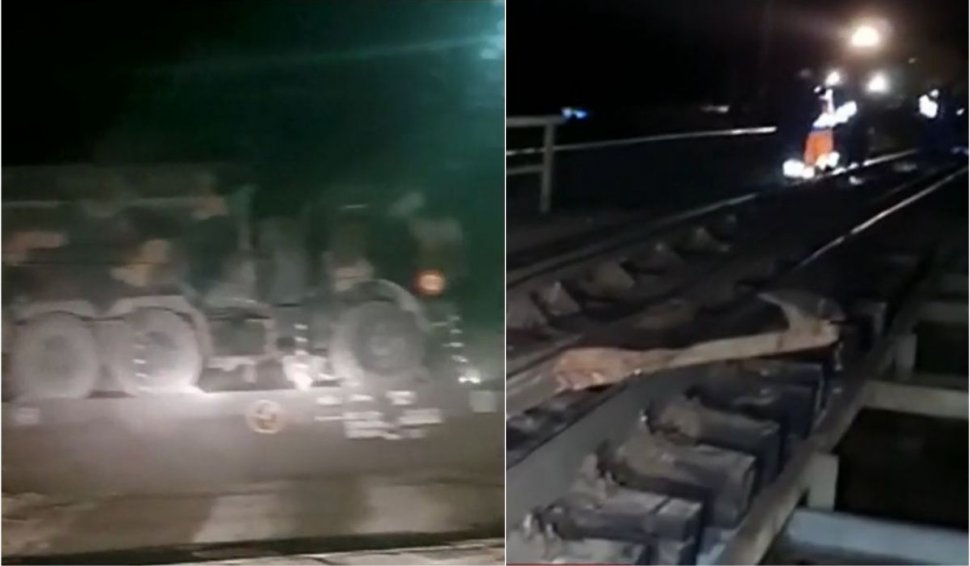 Momentul în care un tren încărcat cu tehnică militar a deraiat şi a rupt șina zeci de metri, în Brașov