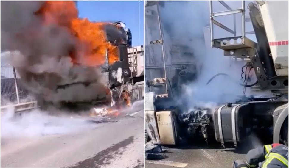 Un camion a luat foc în mers, pe drumul expres din Oradea. Incendiul a distrus capul tractor