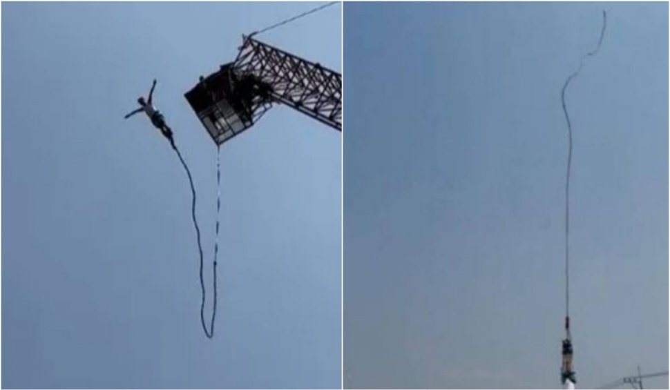 Momentul teribil în care un bărbat a căzut în gol la bungee jumping. Frânghia cu care era legat s-a rupt