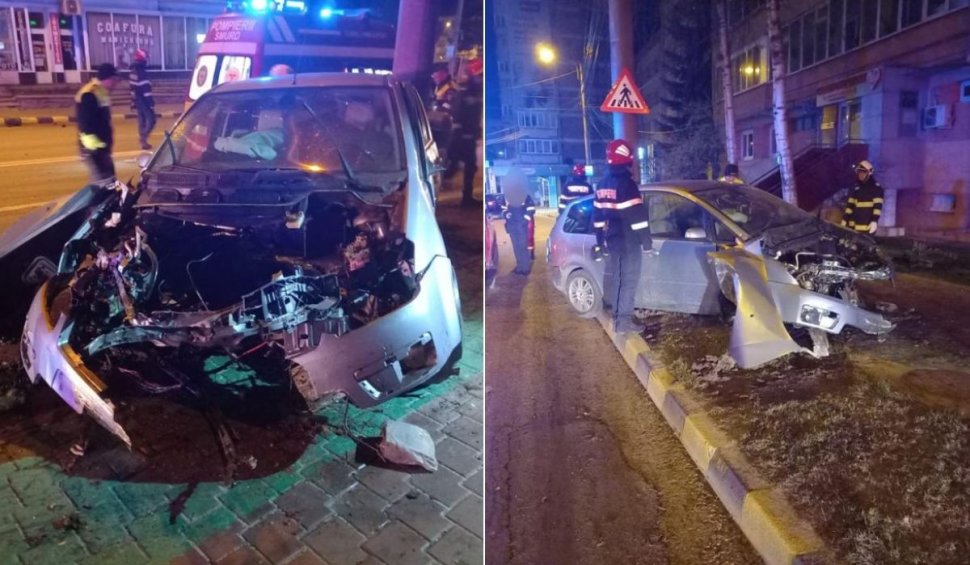 Tânără beată, accident filmat pe o stradă din Suceava | Motorul maşinii a zburat câţiva metri după impact